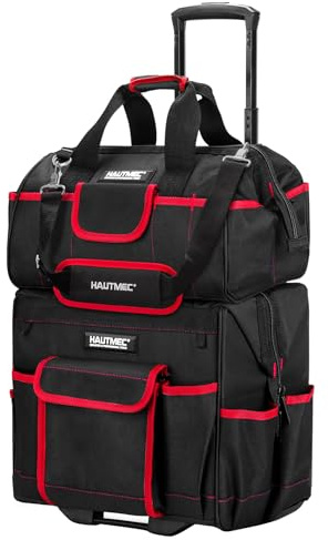 HAUTMEC 2-Piece Rolling Tool Bag Set, 15 Wheeled Tool Bag & Wide Mouth Tool Tote, Heavy-Duty Tool Storage Organizer with Durable Off-Road Wheel, Steel Telescoping Handle & Shoulder Strap â HT0288