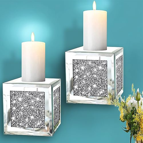 ZOLAPI Juego de 2 candelabros de Cristal aplastado con Forma de Diamante, magnífico Aplique de Pared Plateado con Espejo, portavelas de Cristal para decoración del hogar, Sala de Estar, Comedor.
