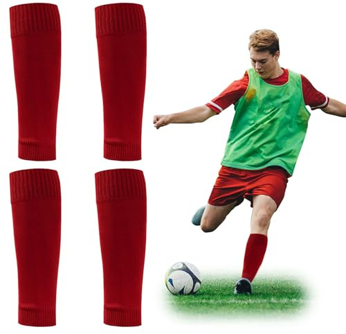 SKHAOVS 2 Pairs Football Sock Sleeves, Elastic Soccer Shin Guards, Leg Sock Sleeves for Men, Football Running Or Training Beginner (red)