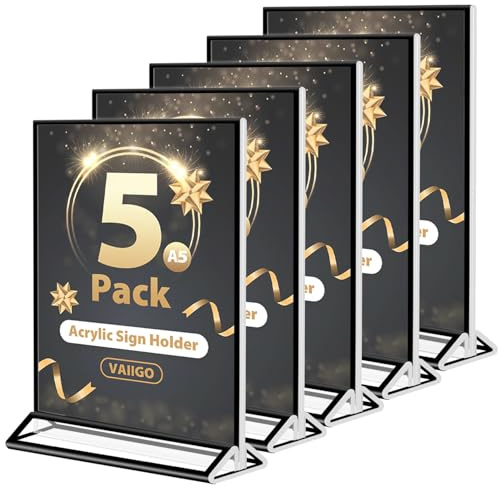 VAIIGO A5 Acrylic Sign Holder 5Pack Poster Menu Holders for Table, Double Sided Perspex Display Stand for Wedding, Restaurant, Bar, Hotel, Office, Store Sign Holder, Black