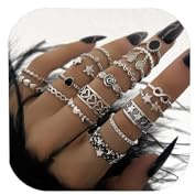 Rrdaily Vintage Knuckle Rings for Women Chunky Black Silver Ring Set Adjustable Finger Stackable Rings Goth Punk Grunge Snake Ring Boho Y2k Accessories Jewelry (19 Pcs)