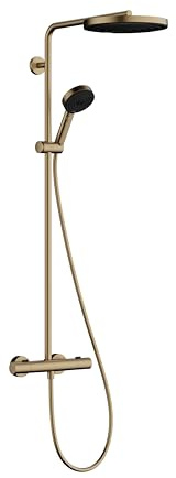 hansgrohe Pulsify S Puro - Duschsystem med termostat, Regndusch (⌀ 260 mm), Duschset med handdusch (3 stråltyper), duschslang, duschstång och rund huvuddusch, borstad brons, 24236140