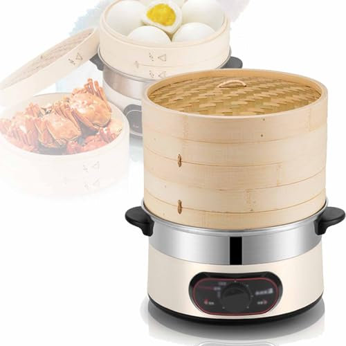 Vaporiera Elettrica, Vaporiera in bambù a 2 Livelli, capacità 12 Litri, Conservazione Automatica del Calore, Protezione dalla Combustione a Secco E Funzione di Temporizzazione per La Cottura