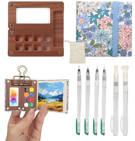 9 Pcs Pocket Artist Watercolour Travel Set, 8 Grids Wooden Travel Paint Palette Mini Watercolour Paint Set Travel with Metal Clip Storage Bag Watercolour Sketchbook 6 Pen Idea for Artists (No pigment)