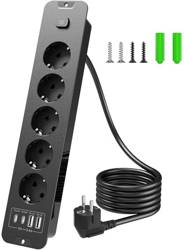 Inhwatek grenuttag med USB (PD 20W), 5-vägs inbyggt uttag, infällbart uttag 9-i-1 bordsuttag, flera uttag med 2 m kabel för kök kontor arbetsplats, 16 A/4 000 W