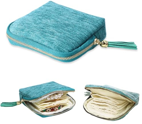XFSRG Porta Gioielli con Frange più Scomparti Scatola Organizer da Viaggio per Donna Ragazze Orecchini Anelli Catene(Blu pavone)