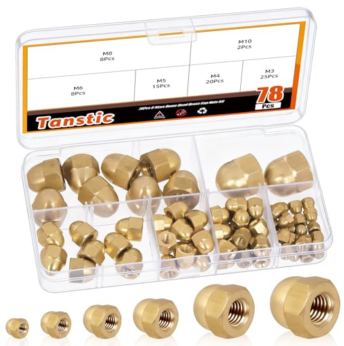 Tanstic 78pcs M3 M4 M5 M6 M8 M10 Acorn Cap Nuts, Brass Dome Head Hex Nut, 6 Sizes Hex Acorn Nuts for Furniture Automotive Marine Hardware