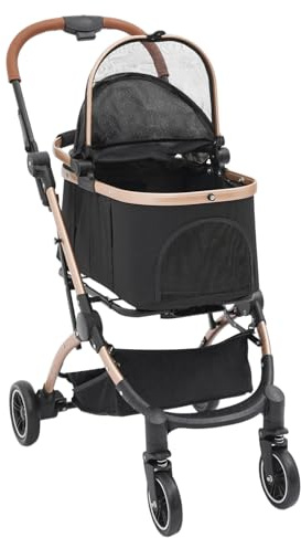 Cochecito de mascotas plegable con freno de pie y cinturones de seguridad, carrito para perros pequeños, hasta 50 kg, carrito para gatos pequeños, color negro