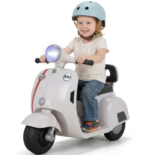 MAMIZO Moto Elettrica per Bambini 6V, Moto Giocattolo Cavalcabile a 3 ruote, Avanti e Indietro, con schienale, Fari, USB, Pedali, Musica, 72x56x37 cm, 2 km/h, max 20 kg, per bambini 3-6 anni, Bianco