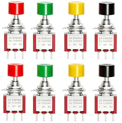 VISSQH 8 Piezas Mini Interruptor a Pulsador 3 polos micropulsador AC 2A 250V/ 5A 120V SPST NO/NC Interruptor momentáneo para Arduino (2 rojos, 2 verdes,2 negro,2 Amarillo)