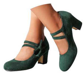 Chunky Pumps Ladies Closed Toe Comfortable Buckle Courts Plateau Dance Shoes Wide Feet Block Heel Shoes High Heels for Weddings and Special Occasions(04 Dark Green,6)