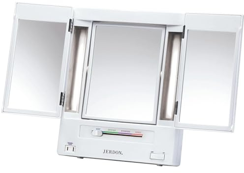 JERDON Tri-Fold Two-Sided Makeup Mirror with Lights - Vanity Mirror with 5X Magnification & Multiple Light Settings - White Base - Model JGL9W