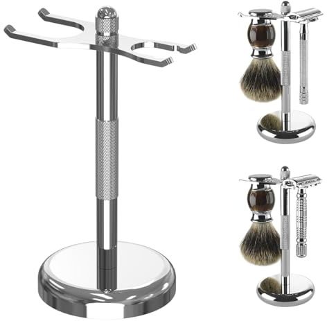Linkidea rakhyvel- och borsthållare, Deluxe rakborsthängare i rostfritt stål för män, Grooming Organizer för badrum, rakstativ kompatibelt med Merkur 23C (Silver)