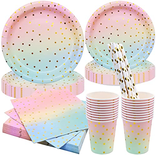 BLLREMIPSUR Rainbow Party Tableware Set, Disposable Party Dinnerware Supplies Paper Plates Cups Napkins Straws for Birthday Party, Baby Shower, Wedding, Bridal Shower, Anniversaries