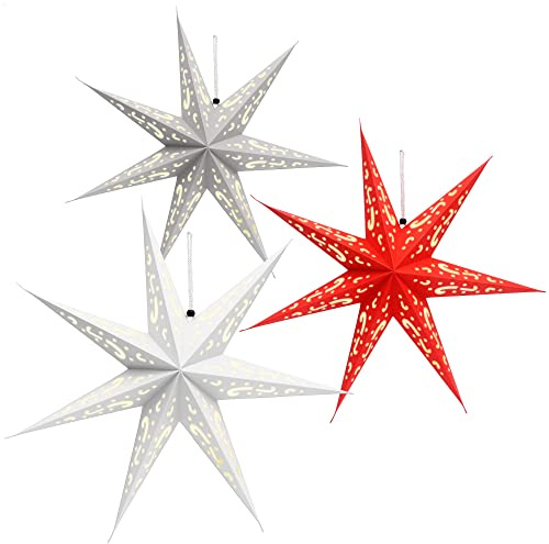 com-four® 3 Estrellas Luminosas 3D LED 45 cm – Estrella navideña con iluminación y Temporizador – Estrella de Papel Premium para Colgar
