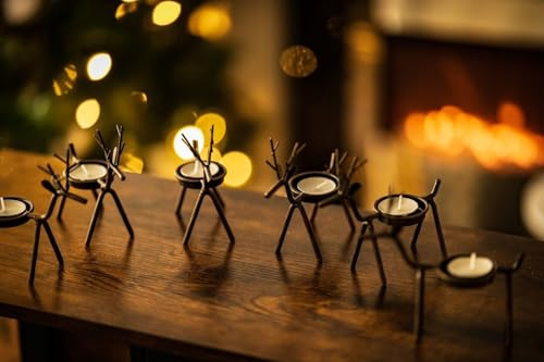 Marco Paul Christmas Metal Reindeer Candle Holders-Rustic Antique Brown and Hand-painted Set of 6 Light Ornament-Decorative Gift candle accessories for Xmas table, window and Home Decor