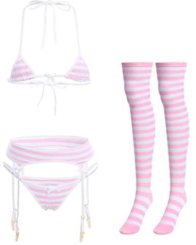 ABAFIP Women Cute Kawaii Anime Lingerie set Halter Strap Micro Bra Tiny Panty Garter Belt Striped Stockings 4Pcs Underwear Pink One Size