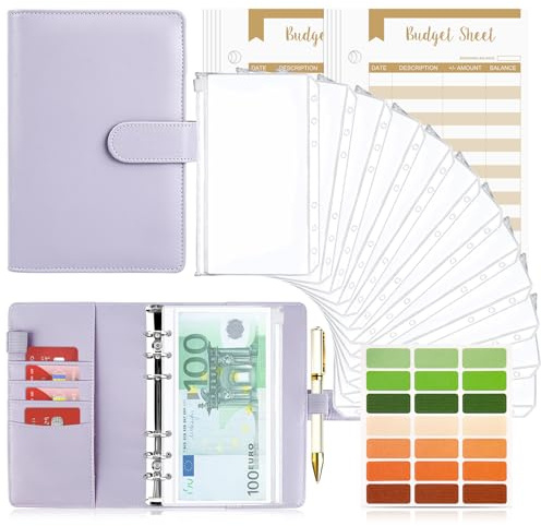 Budgetplanerare, budgetpärm, A6, budgetplanerare, pengaorganisatör med mjuk ficka, TAOPE budgetpärm, anteckningsbok A6, sedelfickor, med 6 hål, hushållsbok med sedelfack, ren lila