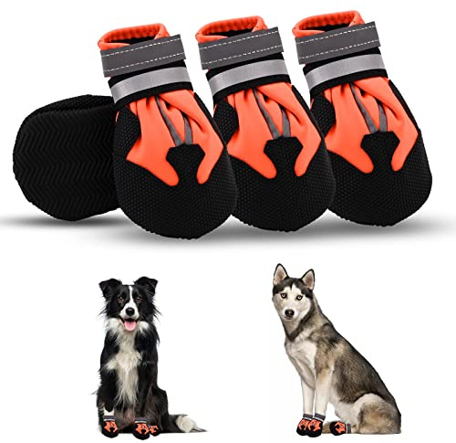 Jodsen Dog Boots, Set of 4 Waterproof Dog Shoes with Reflective Straps Anti-Slip Sole Outdoor Paw Protectors Puppy Shoes for Small Medium Dogs Autumn Winter (Orange, L)