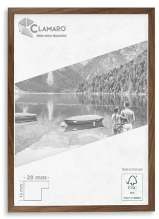 CLAMARO COLLAGE 20 Marco para fotos 50x75 hecho a medida | Nogal | Moderno marco de madera MDF de 20 mm de ancho y diseño slim, incluye cristal acrílico, pared trasera y colgador