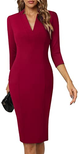 HOMEYEE Vestito da Donna elegante con scollo a V e maniche a 3/4 Vestito Tubino Aderente Retrò Abito da Lavoro Midi B760 (M, Rosso scuro)