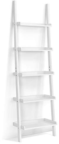 SFAREST 5-Tier Ladder Shelf, Wooden Wall Leaning Bookshelf Rack, Modern Display Storage Bookcase Unit for Home Office Living Room