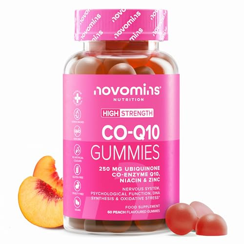 Gomitas de CoQ10 de alta potencia (250 mg) - 60 gomitas - Coenzima Q10 con EPA, DHA, vitamina B3 y zinc - Coenzima CQ10 fermentada naturalmente y de alta absorción - Novomins