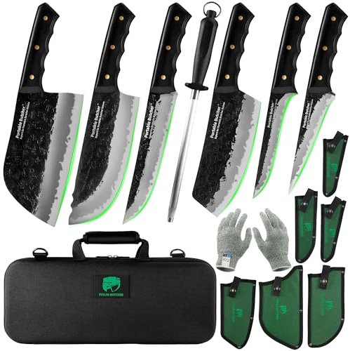 Portable Butcher Set di 15 coltelli da cucina/macellaio, in acciaio al carbonio forgiato a mano, con scatola per coltelli per cucina, campeggio