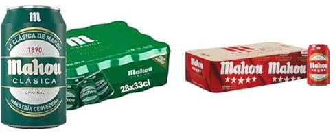 Mahou Clásica Cerveza Dorada Lager, 4.8% Vol. Alcohol, Pack 28 Latas x 33cl + Mahou 5 Estrellas Cerveza Especial Dorada Lager Con Sabor 5 Estrellas, Pack de 28 Latas x 33 cl, 5.5% Volumen de Alcohol