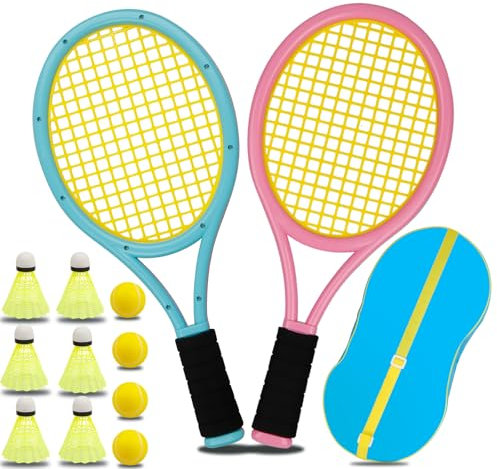 Nileatry Kinder-Tennisset, Das SchläGerset Beinhaltet 2 KinderschläGer, 4 SchwammbäLle, 6 BadmintonschläGer Und Einen Tragbaren Rucksack, Geeignet FüR Kinder Im Alter Von 3–15 Jahren. (rosa und blau)