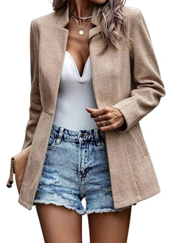 Blazer de Negocios para Mujer,Chaqueta Casual de Oficina de Manga Larga con Bolsillos,Elegante Cárdigan(M=Tag L,Caqui)