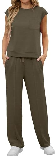 GRECERELLE Tuta Sportiva Donna Due Pezzi Completa Casual Tuta da Ginnastica Estiva maniche con Tasche e Coulisse Pigiama Set per Jogging Training (Verde Esercito, M)