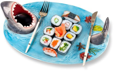 Glazery Shark Charcuterie Board, Shark Fish Sushi Plates, Handmade Ceramic Taco Holder, Funny Sharks Party Platter Tray with Dipping Sauce Bowl, Holiday Birthday Gifts for Sharks Party Lovers