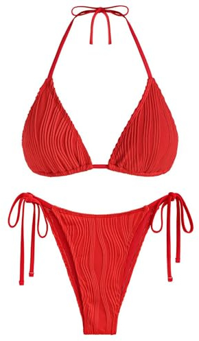 ZAFUL Bikini da Donna Halter Costume da Bagno a Due Pezzi a Costine Taglio Alto Cravatta Laterale Perizoma Costume da Bagno Sexy Imbottito, Rosso, S