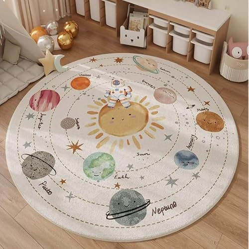 Poowe Solar System Kids Area Rug Educational Learning Carpet Fun Rug Children Area Rug for Playroom & Nursery (39.4 Round)