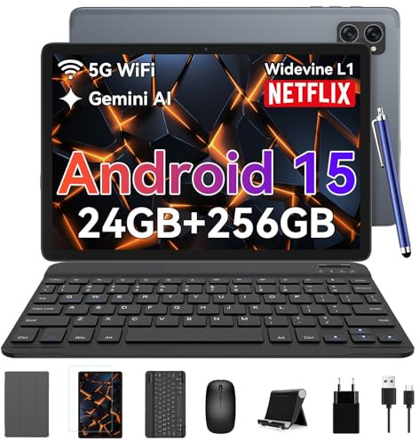 Android Tablets 10 Inch Tablet - Gemini AI Android 16 Tablets, 24GB RAM + 256GB ROM (2TB TF), Widevine L1, FHD, WiFi 6, BT5.0, GPS, Tablet with Keyboard, Case and Pen, 8MP AI Camera, 2 Years Warranty