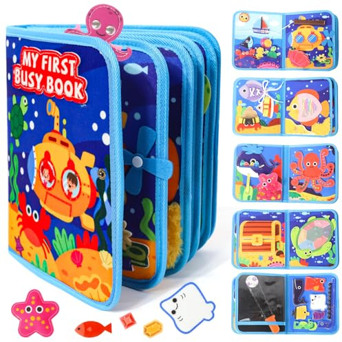 LZDMY Libro Montessori para Niños 1 2 3 Años, Busy Board Tablero Sensorial Educativo con Tema Oceánico, Juguete Interactivo de Motricidad Fina, Juguetes Actividades Portátil, Regalo de Cumpleaños