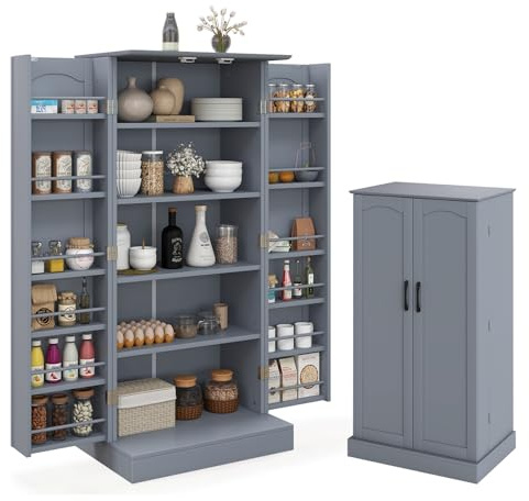 KOMFOTTEU Mobiletto Multiuso con Ripiani Regolabile, Credenza Cucina Salvaspazio, Armadio a Buffet con Dispositivo Antiribaltamento, Madia Soggiorno Moderna per Sala da Pranzo, 60x40x120cm (Grigio)