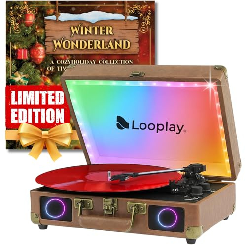 Giradischi in vinile Bluetooth di alta qualità con altoparlanti e luci a LED, giradischi portatile per valigie, lettore LP in vinile a 3 velocità con arresto automatico e uscita RCA, regalo retrò