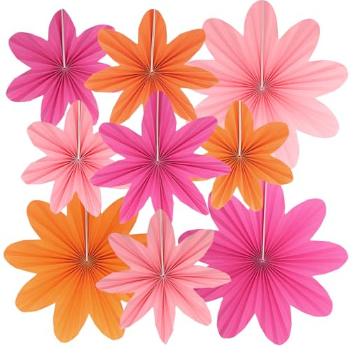Kaluofan 9PCS Pink and Orange Paper Flowers Fans Party Decorations | Paper Flowers Decorations for Wall, Pink and Orange Hanging Floral Party Decoration for Birthday Wedding Autumn Thanksgiving