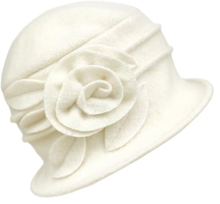 Generisch 2026 - Sombrero de campana de lana estilo floral para mujer, accesorio de invierno de los años 20, elegante sombrero de invierno para invierno, Blanco, talla única