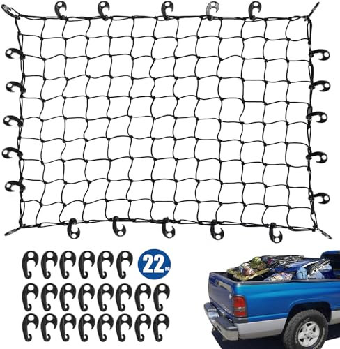 3' x 4' to 6 'x 8' Latex Cargo Net with 22 Nylon Hooks, 3.2 x 3.2 Tight Mesh, 5mm Cord, for Pickup Truck Bed and SUV Rooftop Travel Luggage Rack etc