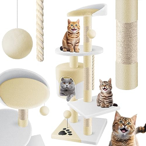 LOVPET® Kratzbaum Katzenbaum Kletterbaum, mit Sisalstämmen, Stabil, mit Höhle, Spielbälle, Spielsisal & Spielseil, Höhe 112cm, mit vielen Kuschel- und Spielmöglichkeiten, Beige/Weiß