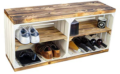 Kistenkolli Altes Land Schuhregal mit Sitzbank aus Obstkisten und massiven Holzplanken Schuhablage Schuhkommode (Sitzbank Weiss mit geflammten Holzplanken und Mittelbrettern)