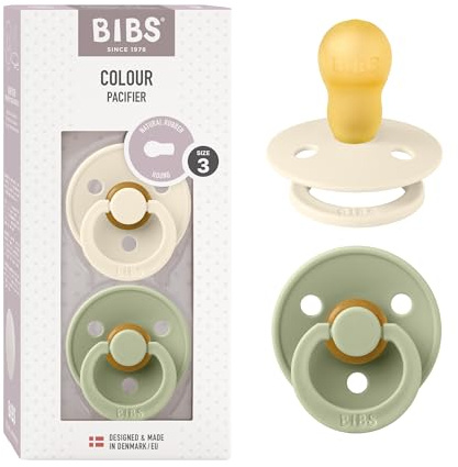 BIBS Colour Soother 2-Pack, BPA Free Dummy Pacifier, Round Nipple. Natural Rubber Latex, Size 3 (18+ Months), Ivory/Sage