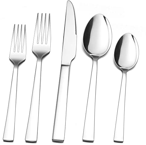 Herogo Set di posate da 60 pezzi, set di posate da 12 persone, in acciaio inox lucidato, posate da tavola argentate con forchetta, cucchiaio, set per famiglia/festa/hotel, antiruggine