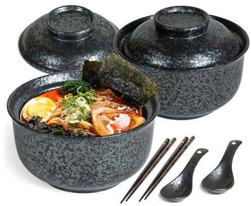 2 Stück Ramen Schüssel Set Japanische Ramen Bowl Schüssel mit Deckel Vintage Keramik Instant Suppenschalen Asiatisch Geschirr Löffel und Essstäbchen - 800ml, Schwarz