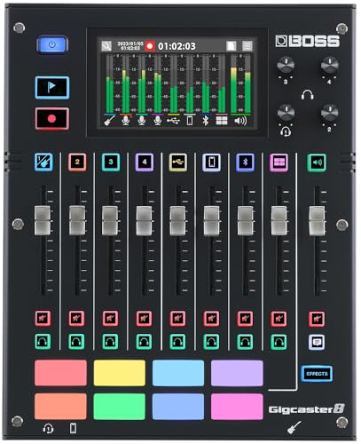 BOSS Gigcaster 8 | 8-Kanal Audio-Streaming-Mixer mit Gitarre/Bass-Direkteingang | 4 XLR/TRS Kombo-Eingängen | Integriertem Stereomikrofon | 8 SFX-Pads | 20x14 USB Audio Interface | Interner Aufnahme
