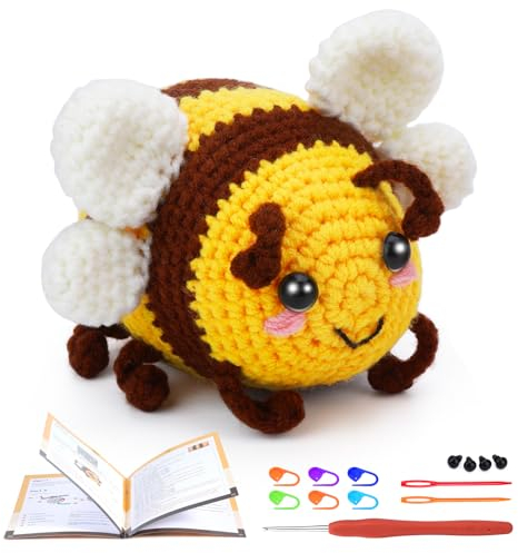 MASPHY Häkelset für Anfänger, Niedliches Bienen Häkelset, Komplettes Bienen Tier Häkelset für Anfänger und Erwachsene, mit Schritt-für-Schritt Video Tutorial für DIY manuelle Erstellung