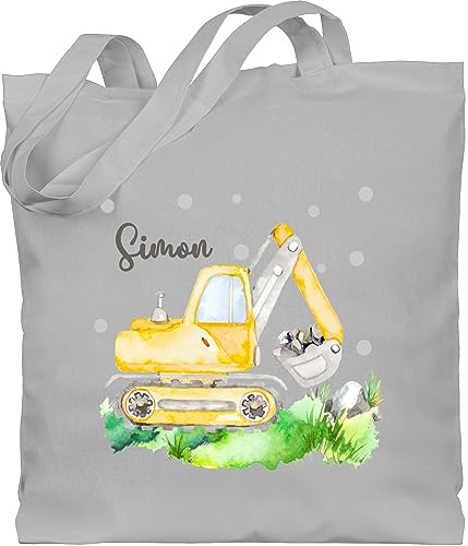 Baumwolltasche - Bagger I Baggerfahrer Geschenk - Unisize - Hellgrau - stofftasche kinder jutebeutel bedruckt kindergarten baufahrzeug name beutel stoffbeutel für kita geschenke fahrzeug digger